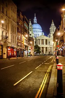 Building Prints: Night Street View of Ludgate Hill with St Pauls Cathedral at Night