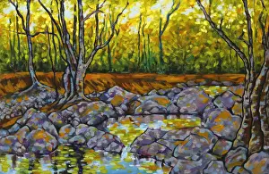 Oil Painting of River Rock Pools Trees and Dappled Sunlight