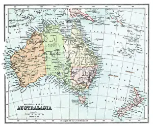 Old chromolithograph map of Australasia (Australia, New Zealand, the island of New Guinea, and neighbouring islands in the Pacific Ocean)