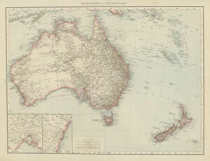 Images Dated 8th February 2023: Old chromolithograph map of Australasia (Australia, New Zealand, the island of New Guinea)