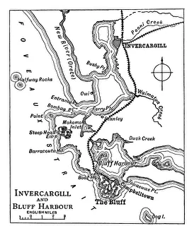Old engraved map of Invercargill and Bluff Harbour, New Zealand Old engraved map of Invercargill and Bluff Harbour, New Zealand