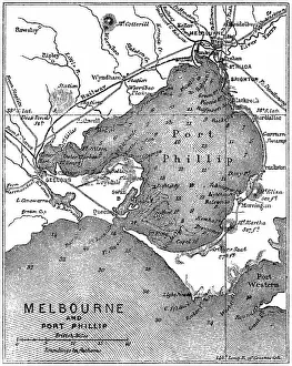 Old engraved map of Melbourne and Port Phillip, Australia