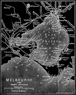 Australia's Rich History Prints: Old engraved map of Melbourne and Port Phillip, Australia