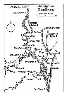 Old engraved map of the situation of Brisbane, Australia
