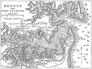 Old engraved map of Sydney (capital city of the state of New South Wales, Australia) and Port Jackson