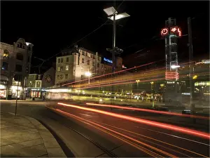 Norway Prints: Oslo street scene at night during winter, Norway