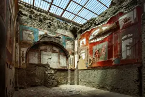 Historical Prints: Painted Murals And Frescoes Inside A Room At The Ancient Roman Ruins At Herculaneum (Ercolano)
