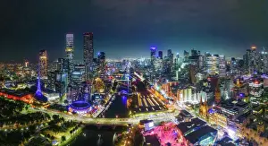 Panorama Aerial view Scene of Central Business District of Melbourne City with Various Bridge, Modern Office Building, and Yarra River at night time, Melbourne