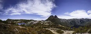 Panoramic view of Twisted Lakes, Dove Lake and Cradle Mountain as seen from Lake Rodway