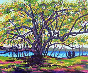 Judi Parkinson Artworks Collection: People Looking at Seaside View from Under a Large Tree with Dappled Sunlight Acrylic Painting