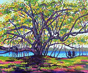 Judi Parkinson Prints: People Looking at Seaside View from Under a Large Tree with Dappled Sunlight Acrylic Painting