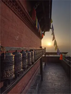 1970 1979 Prints: Prayer wheels used in worship, Temple grounds, Swayambunath, Western Himalayas, Nepal