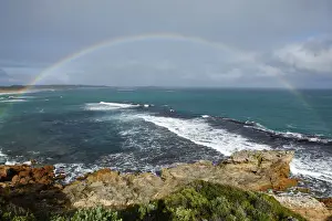 Country Region Prints: Rainbow over coast and ocean. Australia