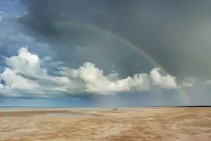 Louise Denton Prints: Rainbow over Lee Point Beach walkers