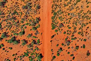 Abstract Aerial Art Prints: Red dirt road and trees, Australia, aerial view