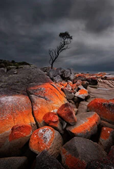 Images Dated 6th April 2015: Red rock with lichen and storm clouds