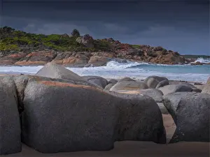 Rocky outcrops and a beautiful stretch of sand called Broken Arm beach, near Grassy, King Island, Bass Straight, Tasmania