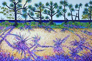 A Row of Australian Pandanus Trees Casting Shadows on a Pathway. Original Acrylic Painting