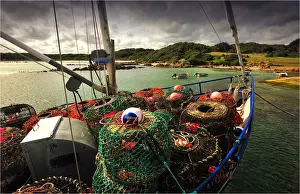 Industrial Ship Prints: A scene from Currie Harbour, which is a safe anchorage for the local Crayfish (Lobster) industry