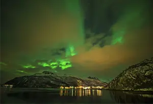 Arctic Prints: A snowy scene at Grotfjord in the winter at night with the Aurora Borealis