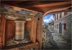 Images Dated 6th March 2013: A spinning Prayer wheel used in worship, in the high mountain village of Tukuch, Mustang
