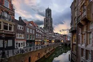 Business Finance And Industry Prints: Sunrise View of the Dom Tower and the Vismarkt-Choorstraat Along Oudegracht