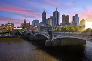 Skyscrapers Prints: Sunrise View of Princes Bridge Spanning the Yarra River and the City Skyline of Melbourne CBD