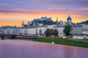 Sunrise View of Salzach River and Skyline of the Historic Centre of Salzburg City, Austria Sunrise View of Salzach River and Skyline of the Historic Centre of Salzburg City, Austria