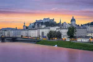 Building Prints: Sunrise View of Salzach River and Skyline of the Historic Centre of Salzburg City, Austria