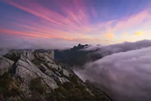 Tasmania (TAS) Prints: Sunset and fog flow over Federation Peak and the Eastern Arthur Range from the summit of