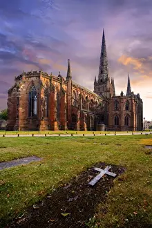 Medieval Prints: Sunset with Lichfield Cathedral, Lichfield, Staffordshire, England, United Kingdom