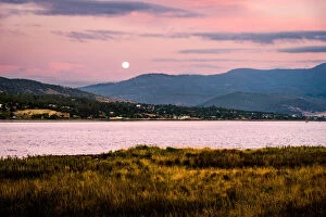 Images Dated 24th March 2016: Sunset and moon rise over River Derwent. Huon valley, Hobart suburbs, Tasmania