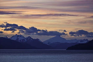 Images Dated 7th February 2016: Sunset with Mountain Ranges Along Strait of Magellan, in South Americas Southern Tip