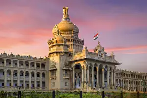 Building Prints: Sunset at Vidhana Soudha (State Legislature Building) in Bangalore, Karnataka, India