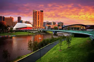 Sunset View of Elder Park, the Riverside Precinct and the Torrens Lake, Adelaide, South Australia