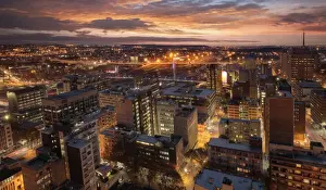 Business Prints: Sunset View of Johannesburg Skyline & Nelson Mandela Bridge, Gauteng, South Africa