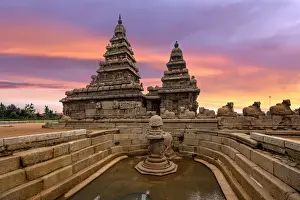 Temple Prints: Sunset View at Shore Temple Complex with Miniature Shrine in Mahabalipuram
