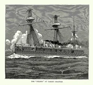 Target practice, HMS Nelson armoured cruiser built for the Royal Navy, Naval drill, Jervis Bay, New South Wales, 1880s