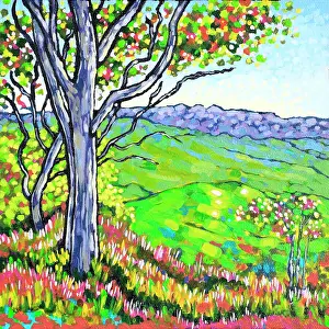 Judi Parkinson Prints: Tree on Country Hillside with Green Valley Acrylic Painting
