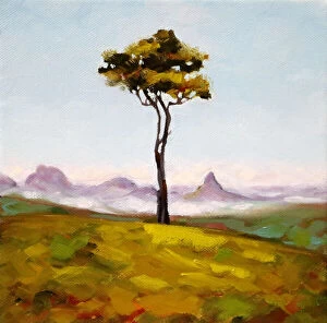 Images Dated 17th March 2016: Tree on a Hilltop with View Painting