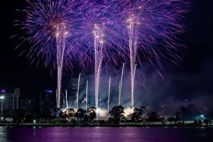 Vibrant multi coloured fireworks display over the Swan river, Perth - Western Australia