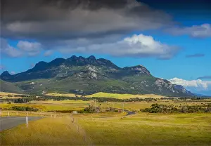 View across countryside towards the Strzelecki mountains, Flinders Island, Bass Strait, Tasmania, Australia