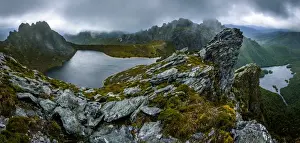 View of Eastern Arthurs Range, Lake Geeves and Hanging Lake from Geeves Bluff in Southwest Tasmania