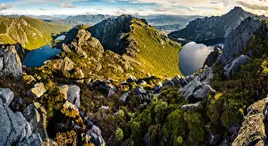 View of Lake Oberon and Lake Uranus from mt Pegasus in Western Arthur Range, Southwest Tasmania