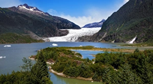 View of Mendenhall Lake and Glacier With Nugget Falls in Mendenhall Valley, Juneau, Alaska, United States of America View of Mendenhall Lake and Glacier With Nugget Falls in Mendenhall Valley, Juneau, Alaska, United States of America