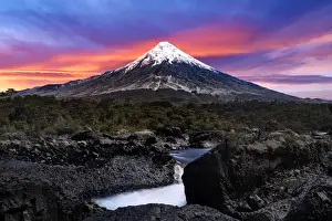 Flowing Water Prints: View of Petrohue Falls (Saltos del Petrohue) and Osorno Volcano in the Background