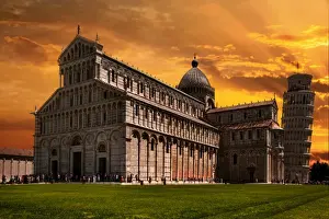 Catholicism Prints: View of Pisa Cathedral with the Leaning Tower of Pisa in Piazza dei Miracoli
