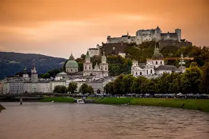 Medieval Prints: View of Salzach River and Skyline of the Historic Centre of Salzburg City, Austria