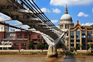 Footbridge Prints: View of St Pauls Cathedral and the Millennium Bridge at River Thames, London, England