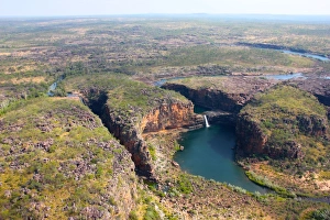 The view taken from a helicopter on arrival at the Mitchell Falls in Western